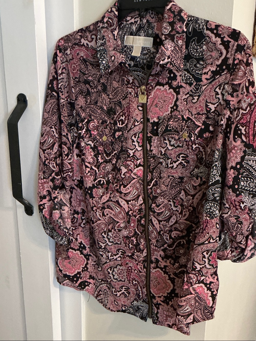 Michael Kors Pink and Black Paisley Zip-Front Button Down Shirt